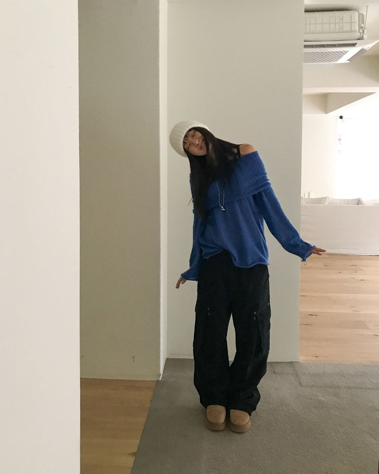 美肩微透紋理細節針織上衣