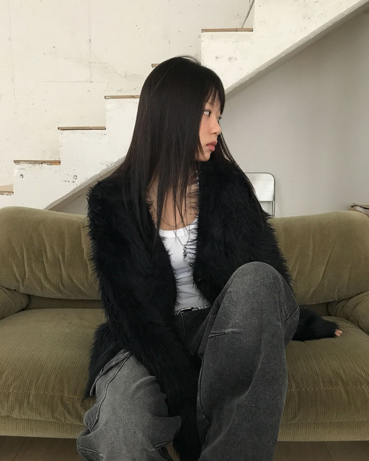 仿水貂毛質感排鈕寬鬆外套