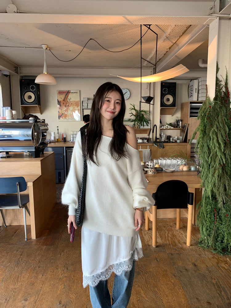 美色斜肩寬鬆束口毛衣