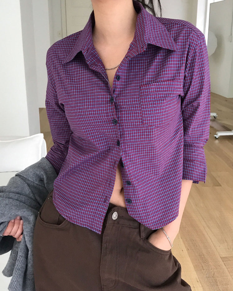 復古亮色格紋細節修腰襯衫