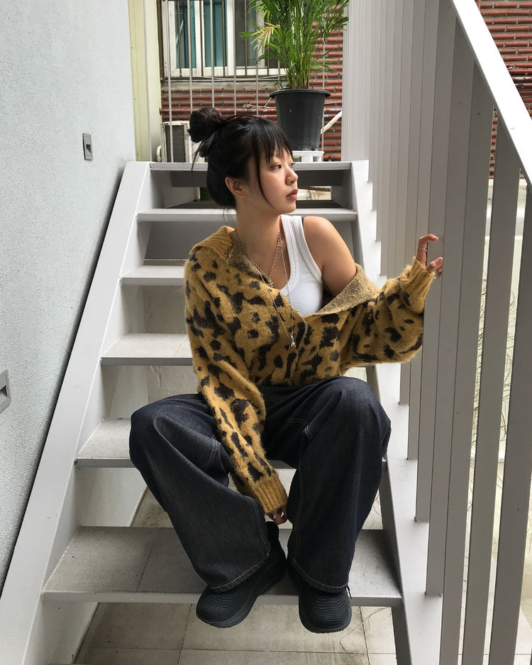 豹紋紋理細節針織外套