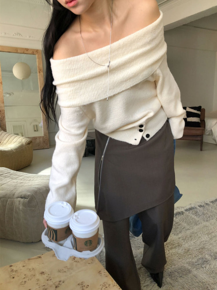 美肩下擺扣鈕細節針織上衣