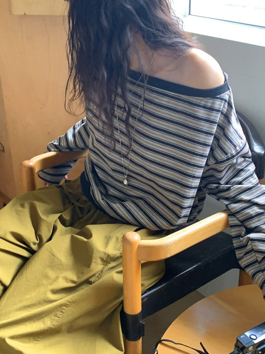 美肩條紋細節束口上衣