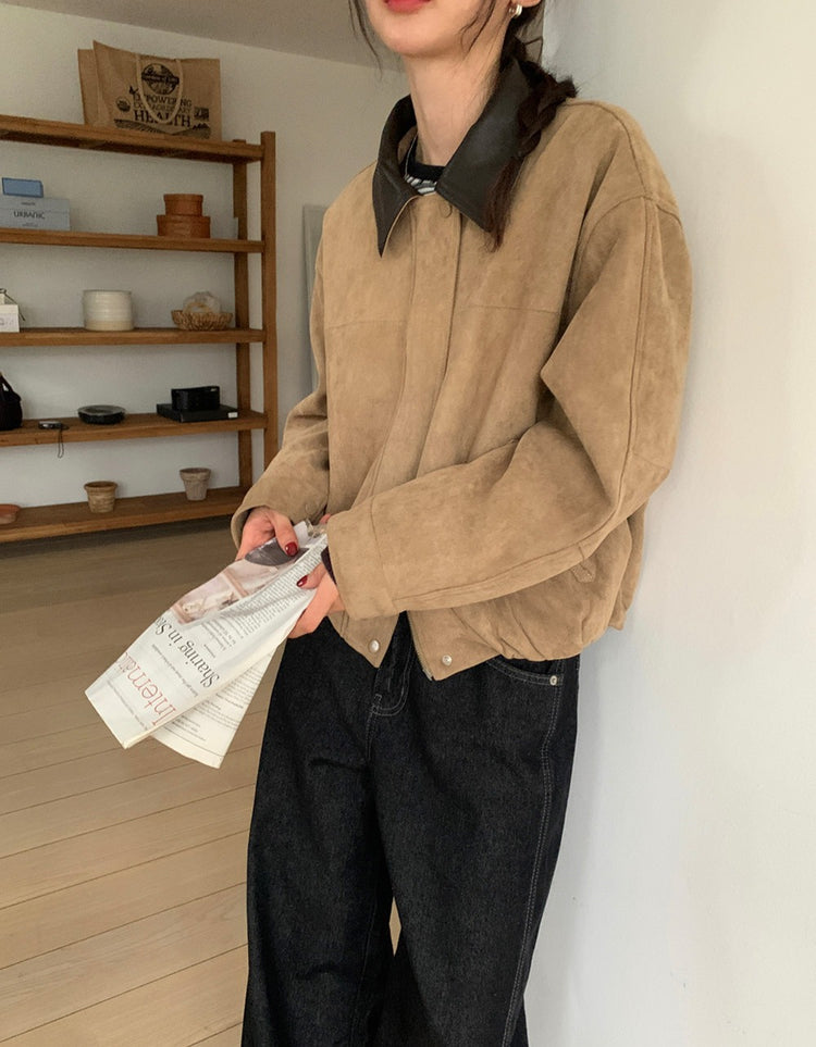 撞色皮領麂皮外套