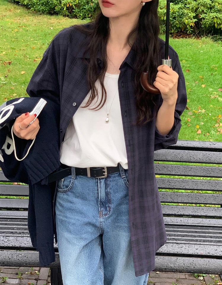 格紋同色系寬鬆襯衫