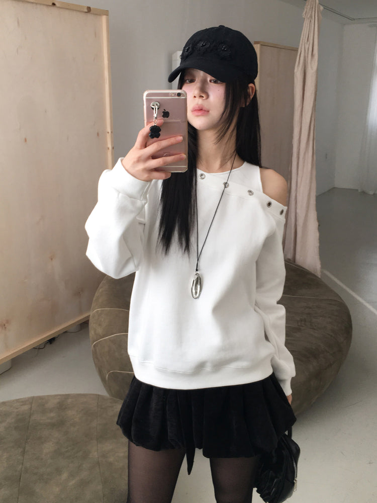 鉚釘圈細節假兩件美肩上衣