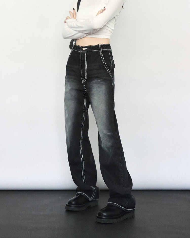 (現)明線刷色細節牛仔褲