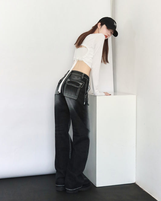 (現)明線刷色細節牛仔褲